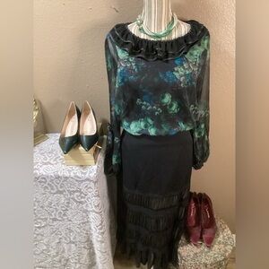Floral Chiffon Blouse - Black and Green